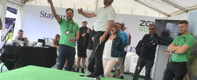Emotions running high on the Zen Green Stage moving putting green during Staysure Senior PGA Championship.